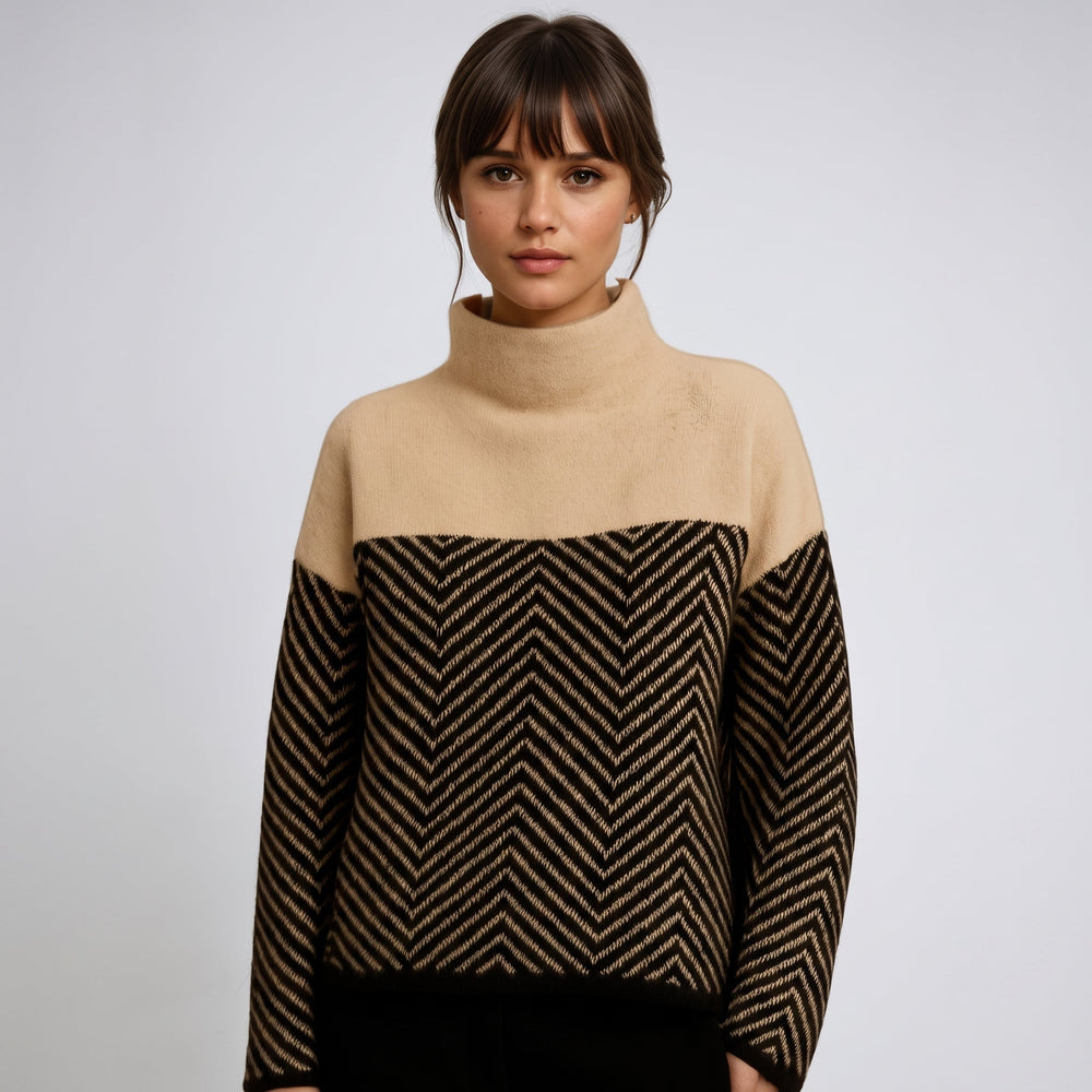 Roll Neck Jumper Womens Chevron Colour Block Yoke Relaxed Fit Dropped Shoulder - image 2