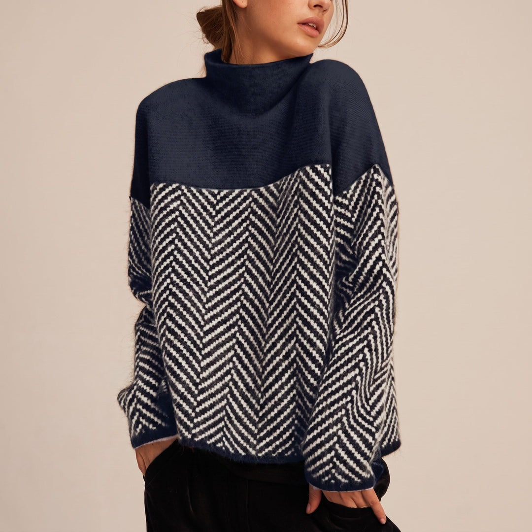 Roll Neck Jumper Womens Chevron Colour Block Yoke Relaxed Fit Dropped Shoulder - image 1