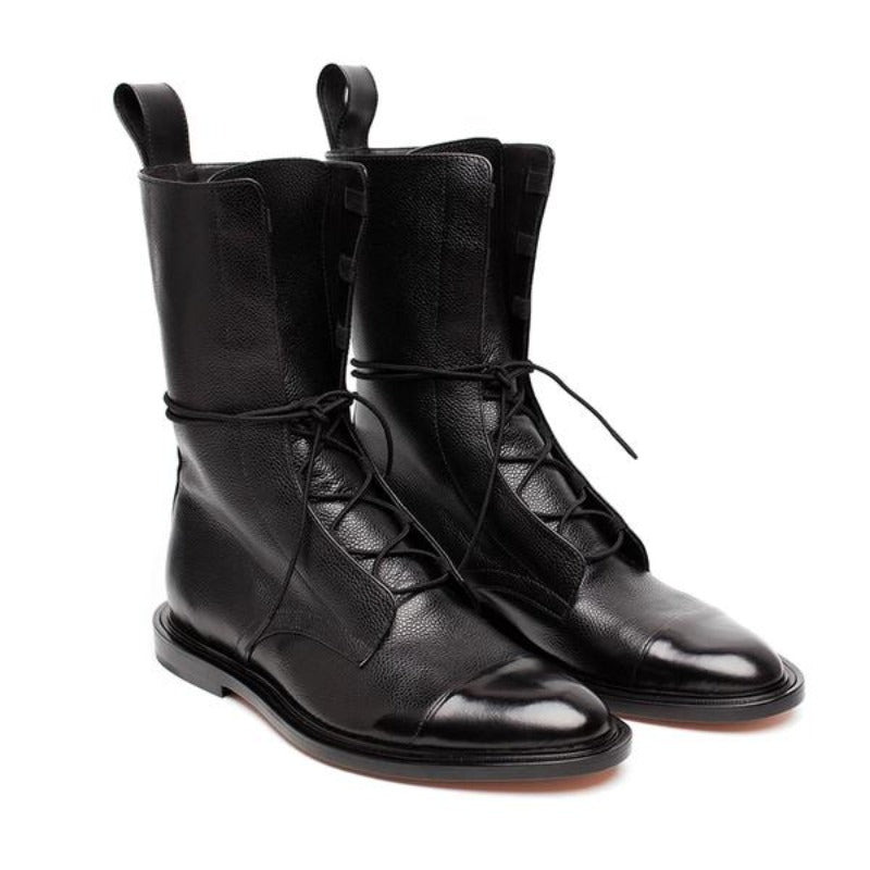Lace Up Boots Womens Mid Calf Flat Heel Leather-Look Contrast Toe Cap Pull Tabs - image 4