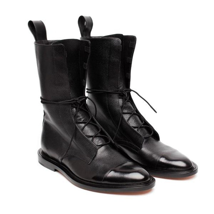 Lace Up Boots Womens Mid Calf Flat Heel Leather-Look Contrast Toe Cap Pull Tabs - image 4