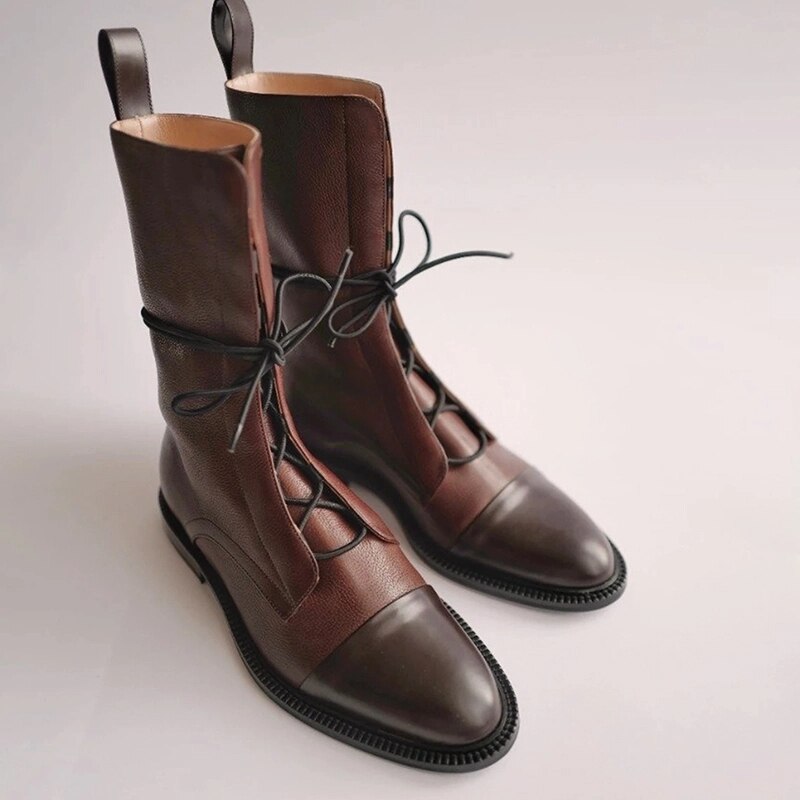 Lace Up Boots Womens Mid Calf Flat Heel Leather-Look Contrast Toe Cap Pull Tabs - image 2