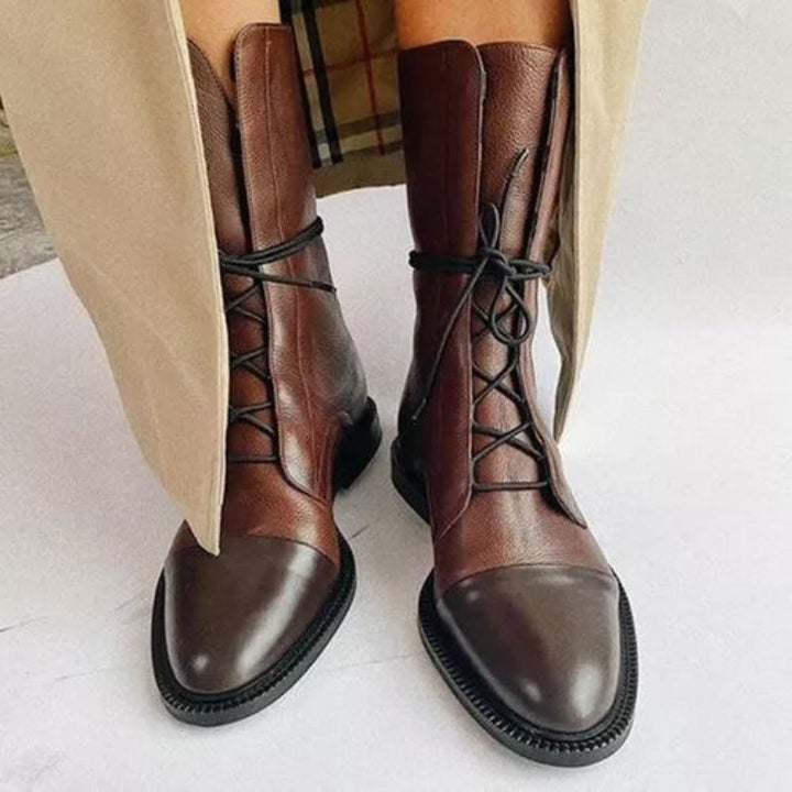Lace Up Boots Womens Mid Calf Flat Heel Leather-Look Contrast Toe Cap Pull Tabs - image 1