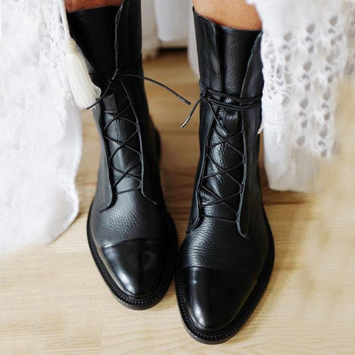 Lace Up Boots Womens Mid Calf Flat Heel Leather-Look Contrast Toe Cap Pull Tabs - image 5