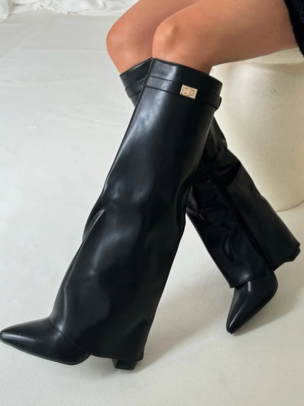 Fold Over Boots Womens Knee High Pointed Toe Wedge Heel Gold Buckle Strap Side Zip - image 8