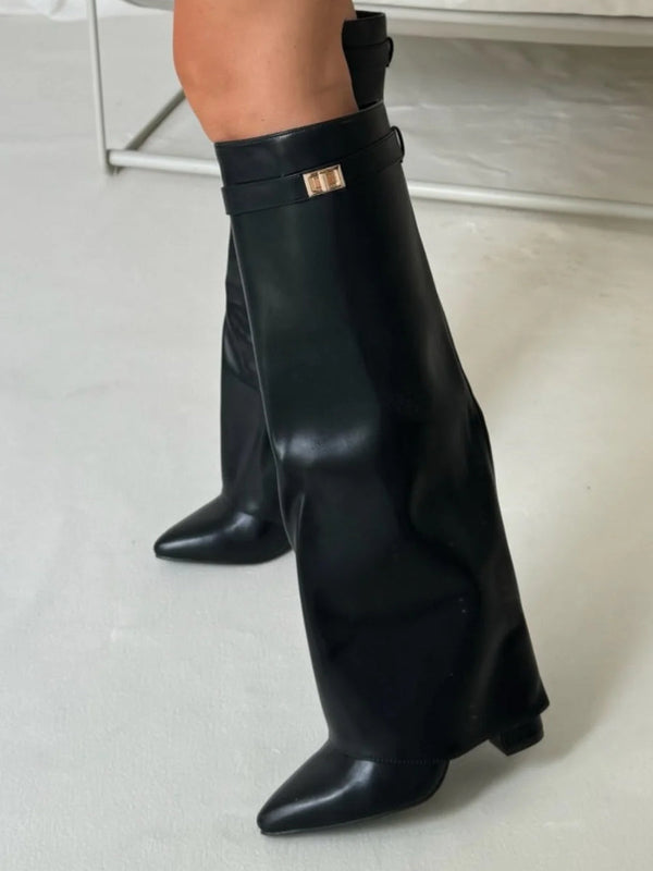 Fold Over Boots Womens Knee High Pointed Toe Wedge Heel Gold Buckle Strap Side Zip - image 2