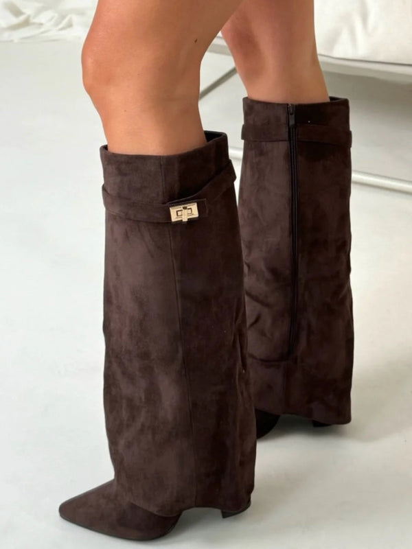 Fold Over Boots Womens Knee High Pointed Toe Wedge Heel Gold Buckle Strap Side Zip - image 4