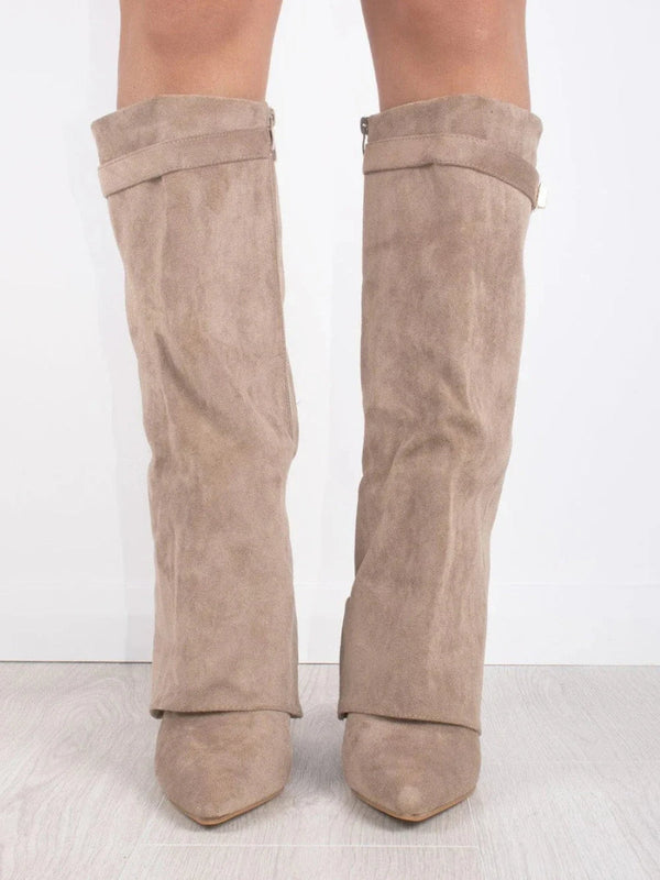 Fold Over Boots Womens Knee High Pointed Toe Wedge Heel Gold Buckle Strap Side Zip - image 3