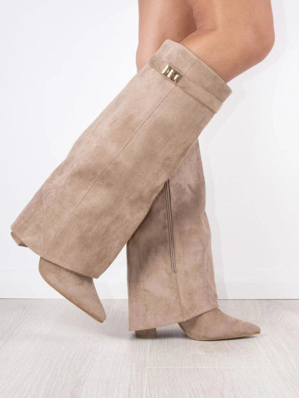 Fold Over Boots Womens Knee High Pointed Toe Wedge Heel Gold Buckle Strap Side Zip - image 1