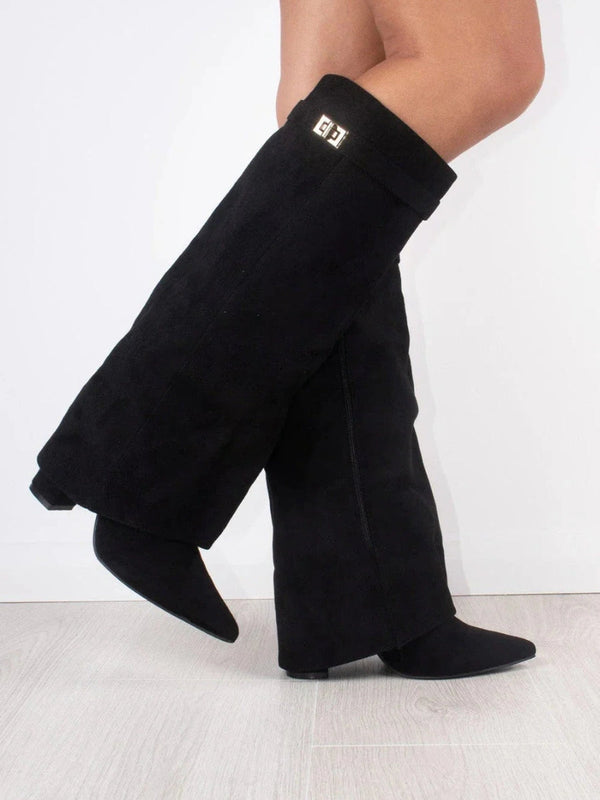Fold Over Boots Womens Knee High Pointed Toe Wedge Heel Gold Buckle Strap Side Zip - image 6