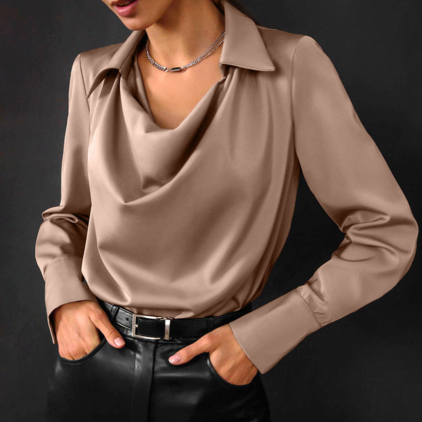 Satin Blouse Womens Long Sleeve Cowl Neck Collared Office Top Relaxed Fit - image 5