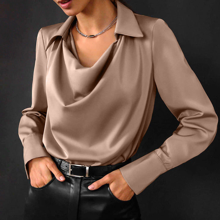 Satin Blouse Womens Long Sleeve Cowl Neck Collared Office Top Relaxed Fit - image 5