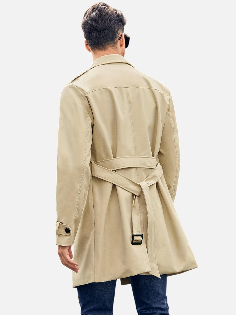 Double Breasted Trench Coat Mens Belted Tie Waist Storm Flap Epaulettes Longline - image 3