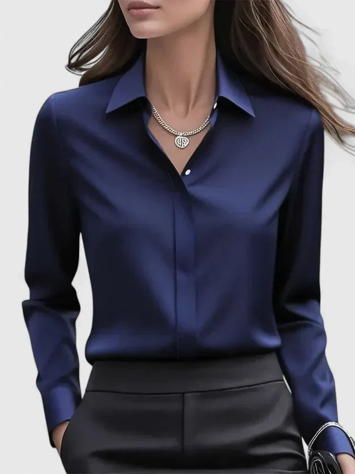 Satin Shirt Womens Long Sleeve Concealed Button Placket Collared Curved Hem Relaxed Fit - image 10