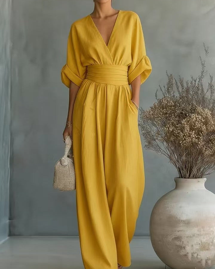 Jumpsuit Womens Wide Leg V Neck High Waist Linen Look Half Sleeve Pockets - image 5
