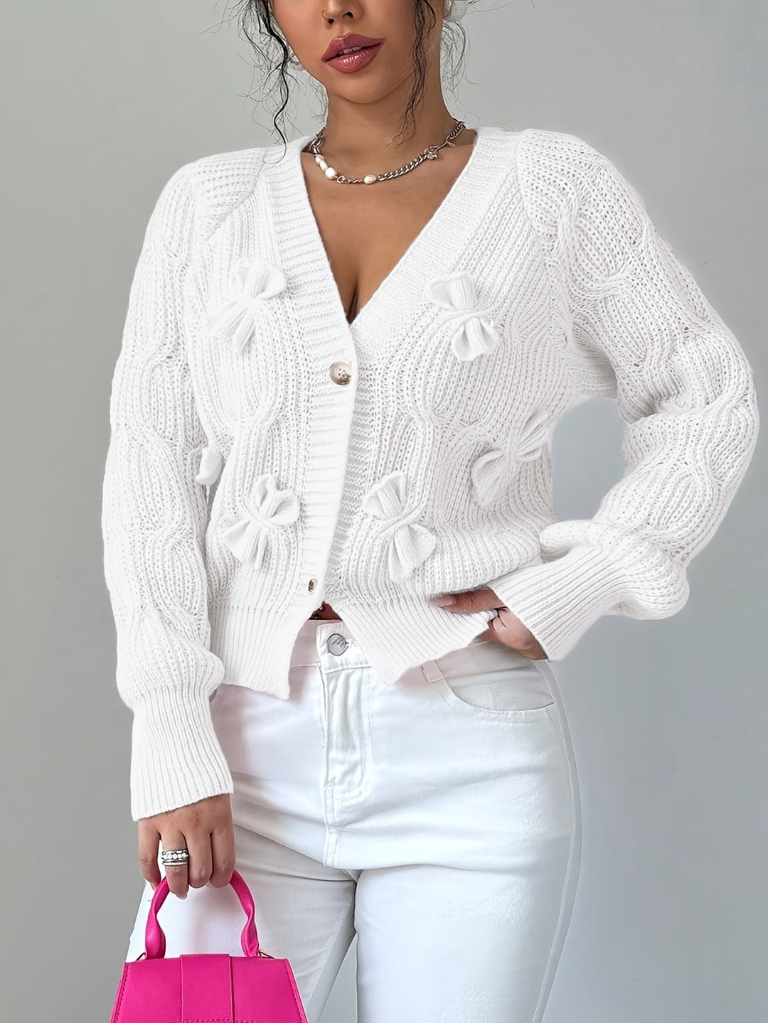 Cropped Cardigan Womens Bow Applique V Neck Button Front Pearl Look Buttons - image 19