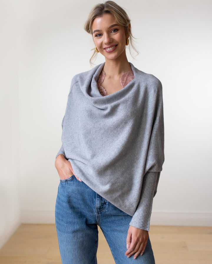 Jumper Womens Off Shoulder Cowl Neck Draped Asymmetric Hem Long Sleeve - image 8