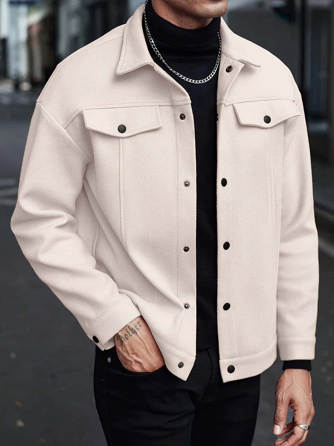 Trucker Jacket Mens Wool Look Snap Button Front Flap Chest Pockets Point Collar Relaxed Fit - image 1