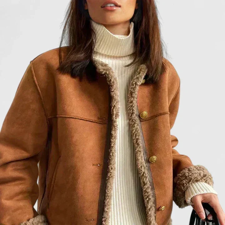 Suede Jacket Womens Faux Shearling Trim Button Front Cropped - image 3