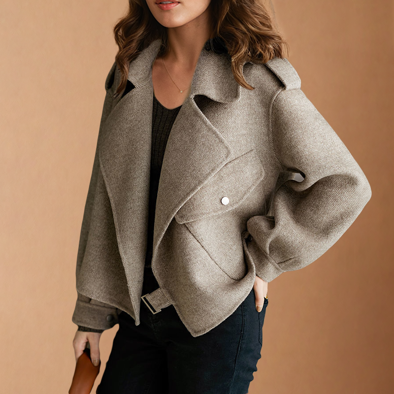 Biker Jacket Womens Wool Blend Cropped Wide Collar Belted Hem - image 4