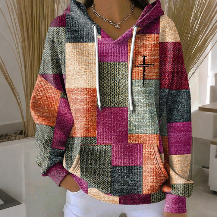 Colour Block Hoodie Womens Patchwork Cross Print Kangaroo Pocket - image 1