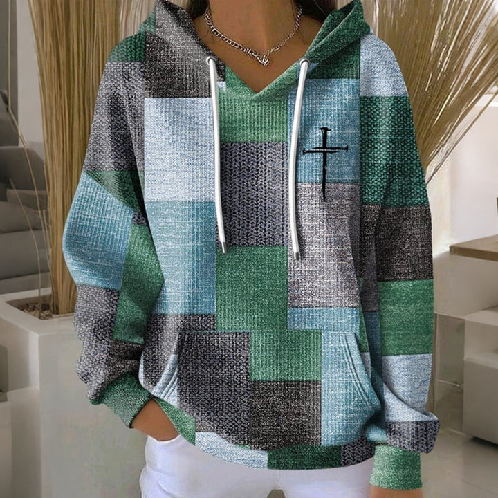 Colour Block Hoodie Womens Patchwork Cross Print Kangaroo Pocket - image 2