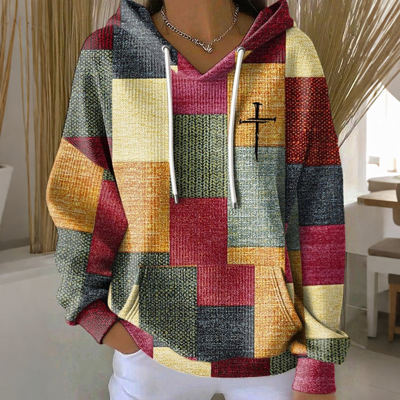 Colour Block Hoodie Womens Patchwork Cross Print Kangaroo Pocket - image 3