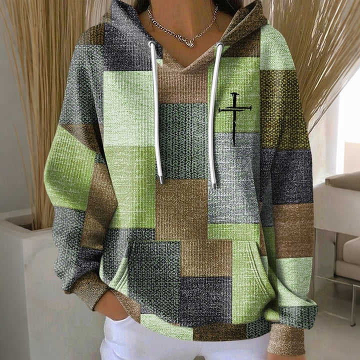 Colour Block Hoodie Womens Patchwork Cross Print Kangaroo Pocket - image 4