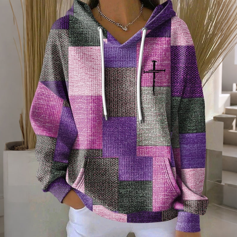 Colour Block Hoodie Womens Patchwork Cross Print Kangaroo Pocket - image 5