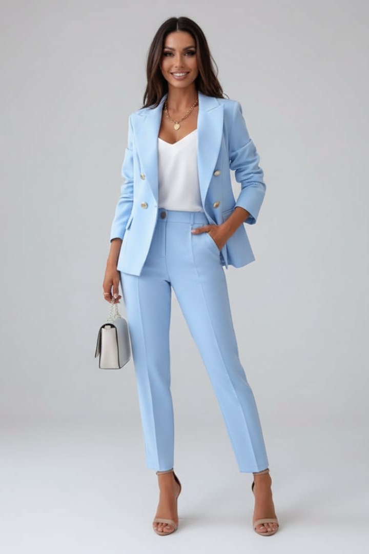 Trouser Suit Womens Double Breasted Blazer Gold Buttons Slim Trousers - image 1