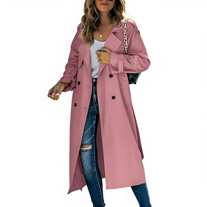 Double Breasted Trench Coat Womens Long Wide Lapel Belt Loops - image 1