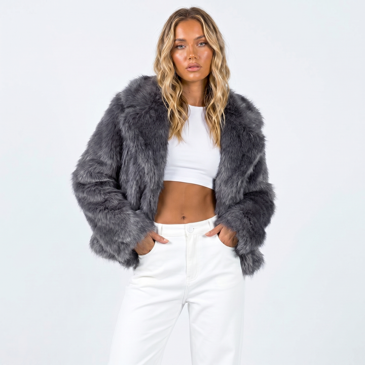 Cropped Faux Fur Jacket Womens Shaggy Notch Collar Open Front - image 3