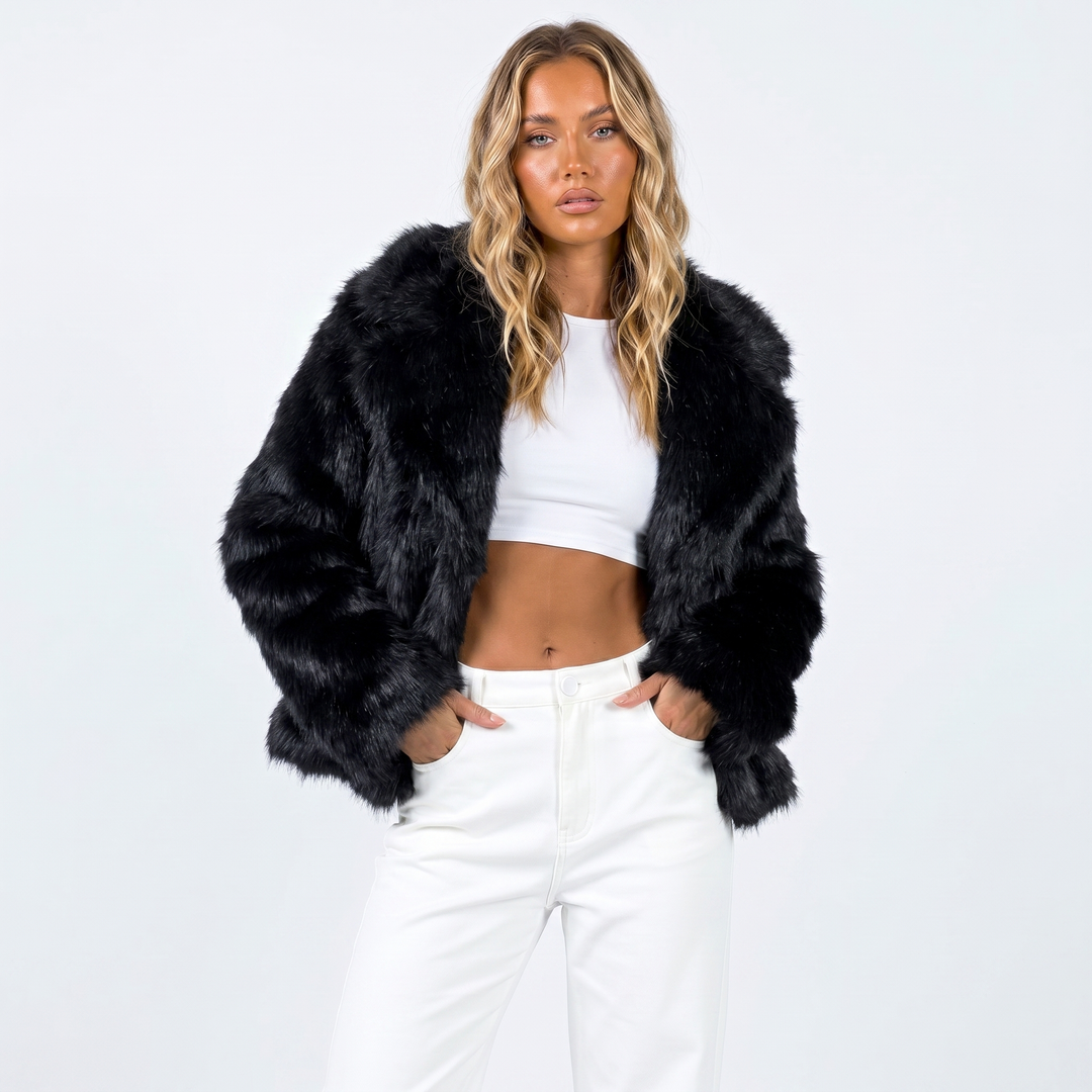 Cropped Faux Fur Jacket Womens Shaggy Notch Collar Open Front - image 4