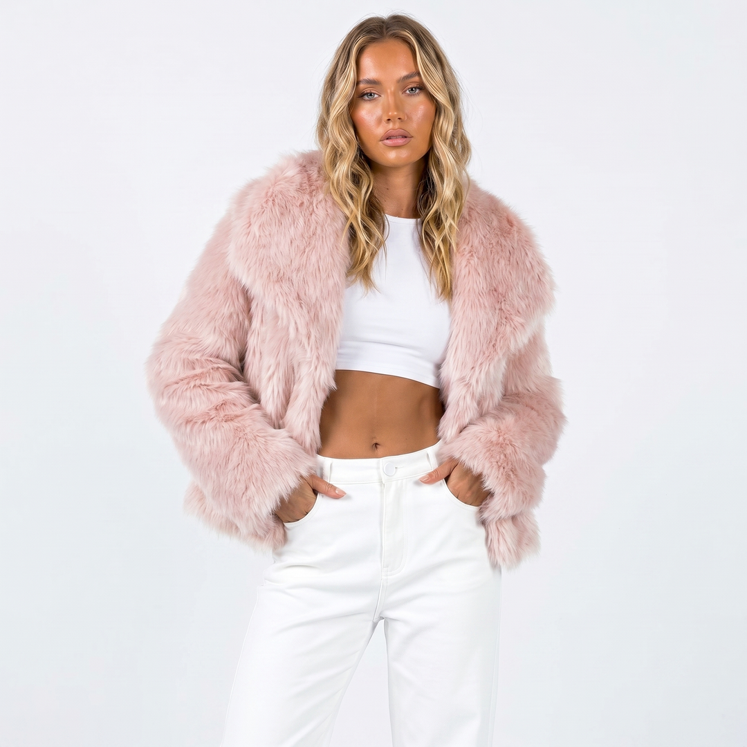 Cropped Faux Fur Jacket Womens Shaggy Notch Collar Open Front - image 6