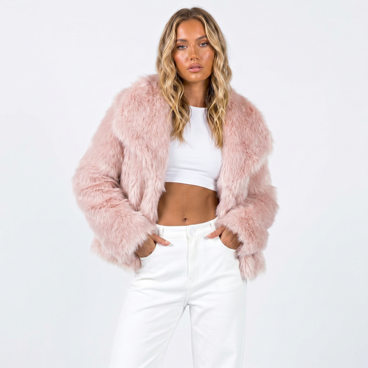 Cropped Faux Fur Jacket Womens Shaggy Notch Collar Open Front - image 6