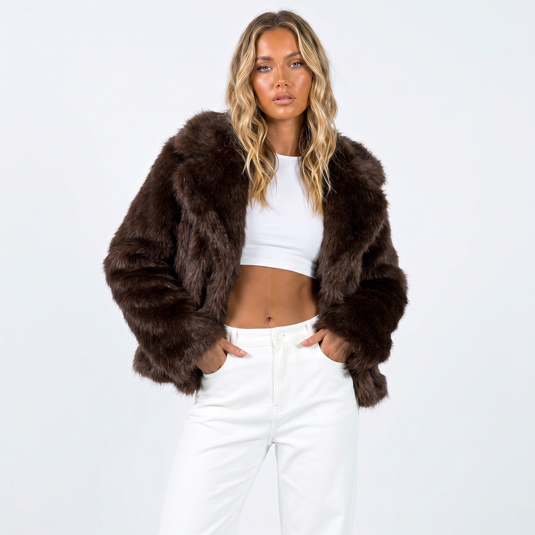 Cropped Faux Fur Jacket Womens Shaggy Notch Collar Open Front - image 7