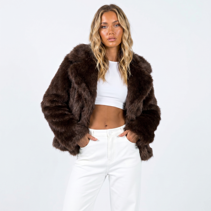 Cropped Faux Fur Jacket Womens Shaggy Notch Collar Open Front - image 7