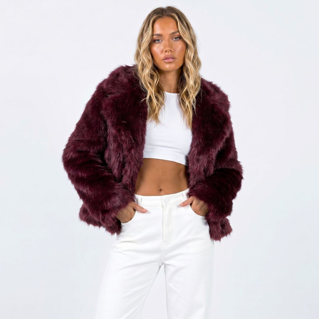 Cropped Faux Fur Jacket Womens Shaggy Notch Collar Open Front - image 8