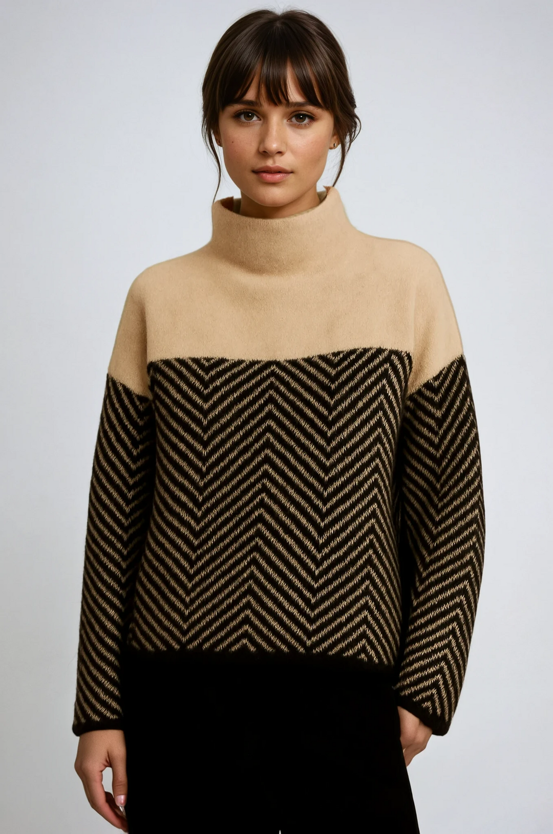 Funnel Neck Jumper Womens Chevron Knit Colour Block Balloon Sleeves - image 1
