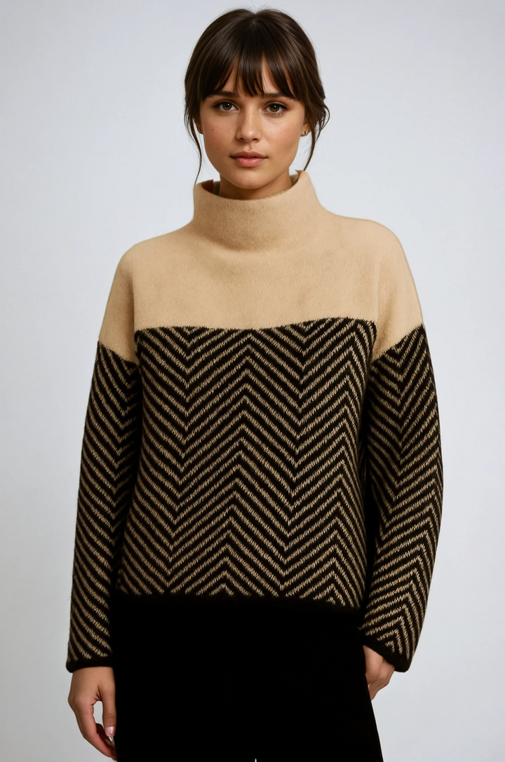 Funnel Neck Jumper Womens Chevron Knit Colour Block Balloon Sleeves - image 1