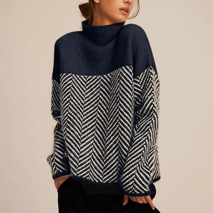 Funnel Neck Jumper Womens Chevron Knit Colour Block Balloon Sleeves - image 2
