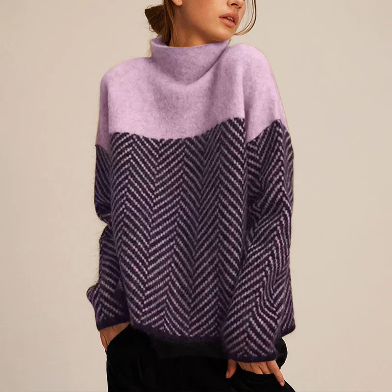 Funnel Neck Jumper Womens Chevron Knit Colour Block Balloon Sleeves - image 3