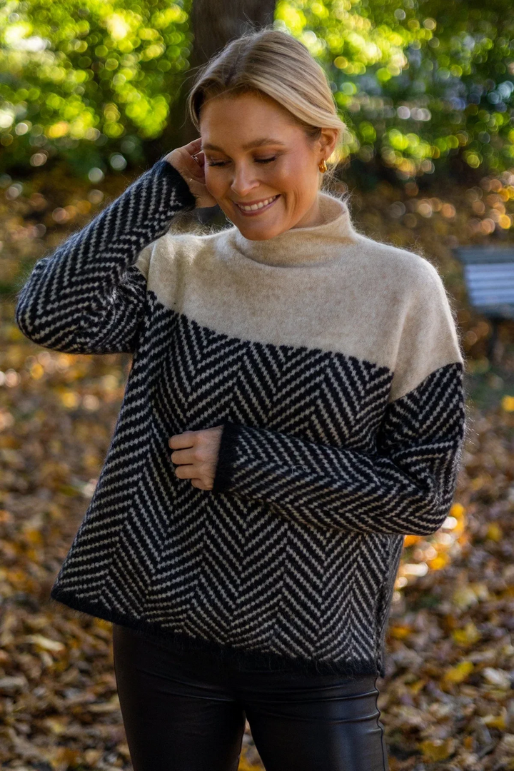 Funnel Neck Jumper Womens Chevron Knit Colour Block Balloon Sleeves - image 4