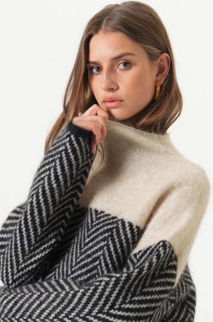 Funnel Neck Jumper Womens Chevron Knit Colour Block Balloon Sleeves - image 5