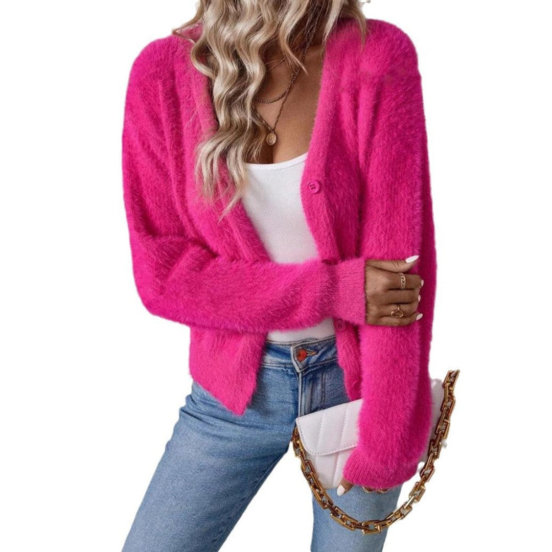 Fluffy Cardigan Womens Cropped V Neck Button Front - image 10