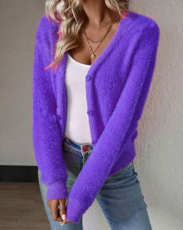 Fluffy Cardigan Womens Cropped V Neck Button Front - image 5