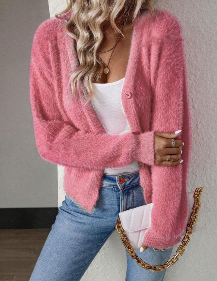 Fluffy Cardigan Womens Cropped V Neck Button Front - image 6