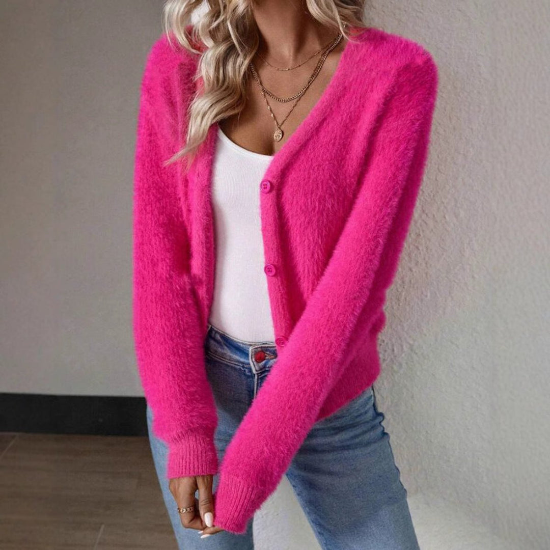 Fluffy Cardigan Womens Cropped V Neck Button Front - image 8