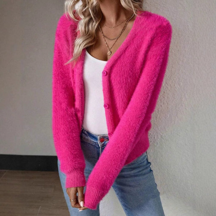 Fluffy Cardigan Womens Cropped V Neck Button Front - image 8