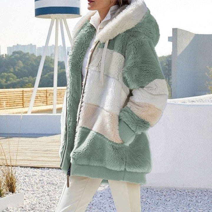 Teddy Jacket Womens Hooded Colour Block Zip Front Oversized - image 1