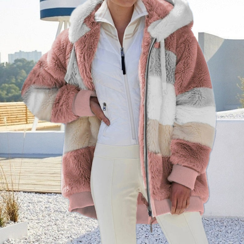 Teddy Jacket Womens Hooded Colour Block Zip Front Oversized - image 2
